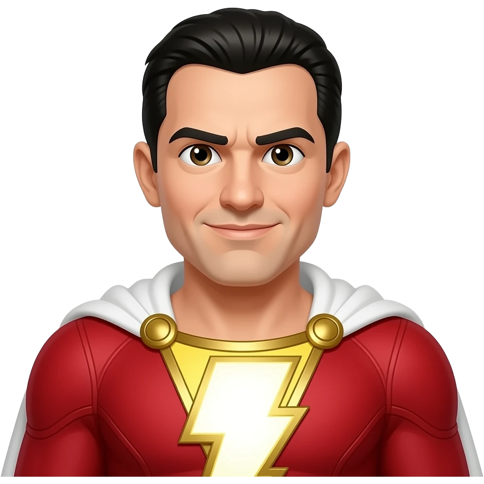 Create an emoji of shazam with red suit and white cloak with a symbol of lightning on his chest emoji