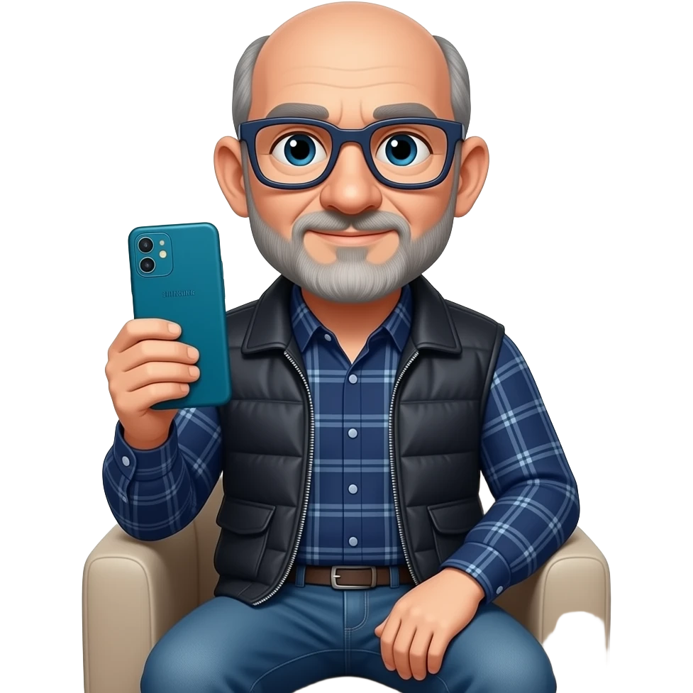 Señor sentado orejas grandes gafas cuadradas azul oscuras nariz grande y un poco de barba gris y casi calvo con algún pelo canoso Está con un Samsung a54 de funda turquesa oscuro y una camisa azul marino con líneas a cuadros encima un chaleco tipo jersey de algodón cerrado negro y vaqueros azules. emoji