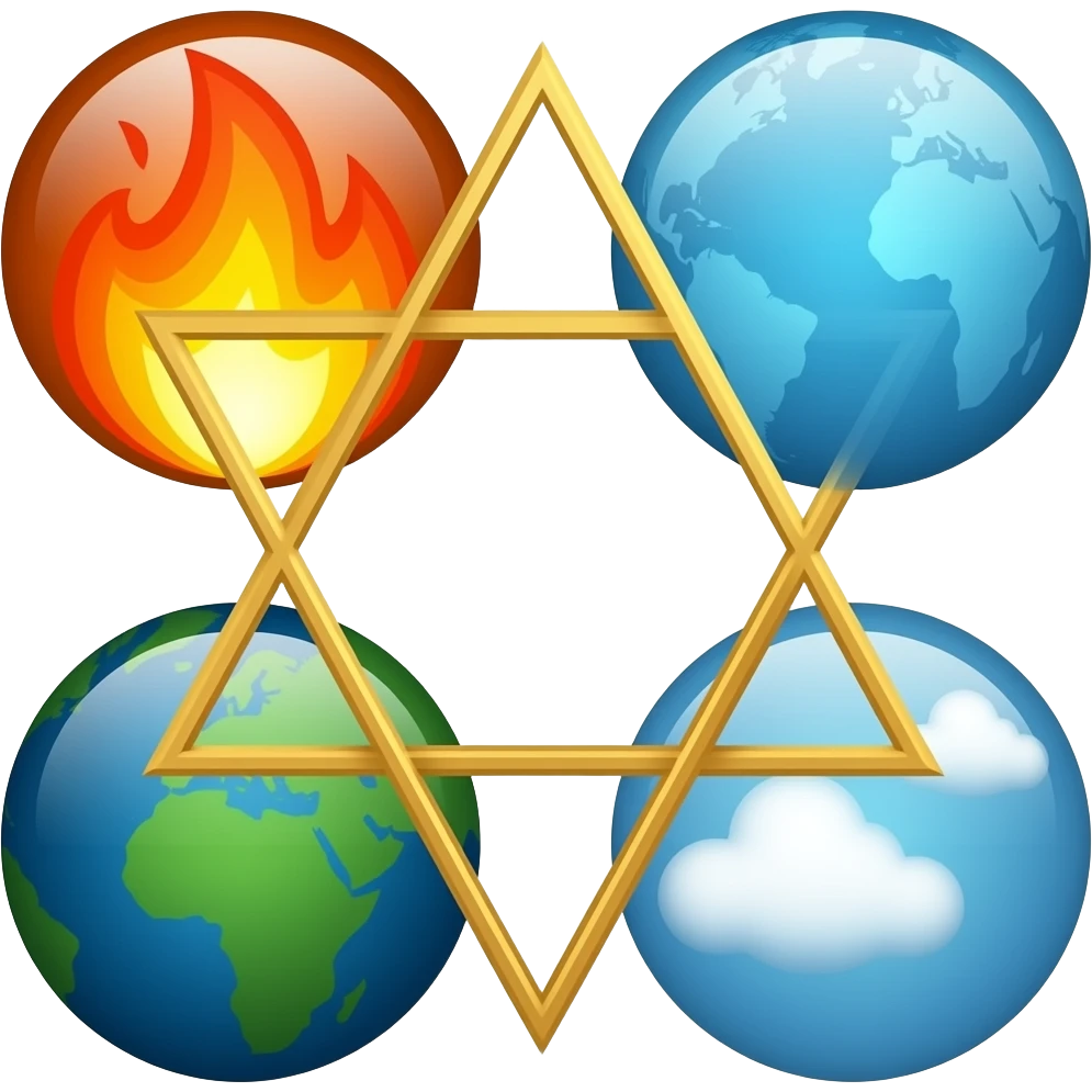 elemental emblems, surrounded by Sacred Geometry of fire, water, earth, and air emoji