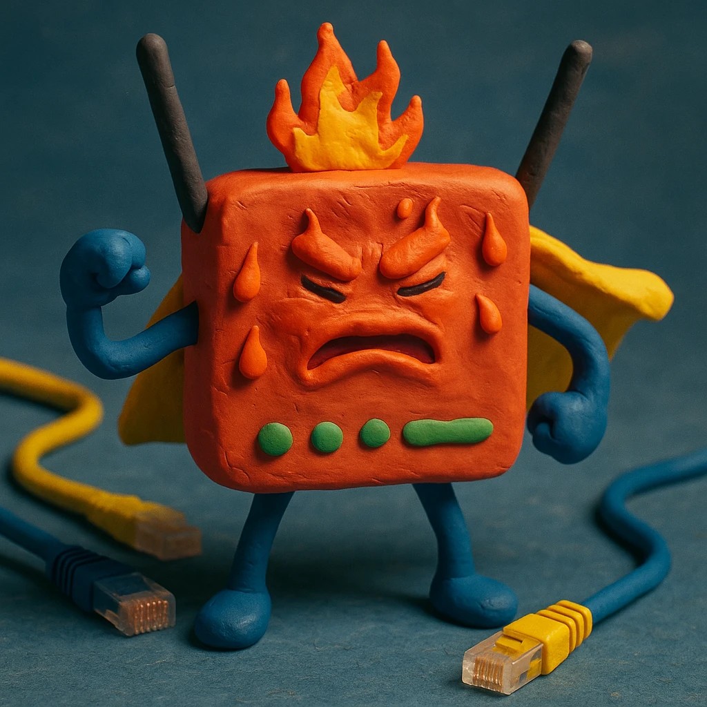 A router depicted as overheated, heroic, or as a techno-meme, symbolizing the backbone of internet connectivity. emoji