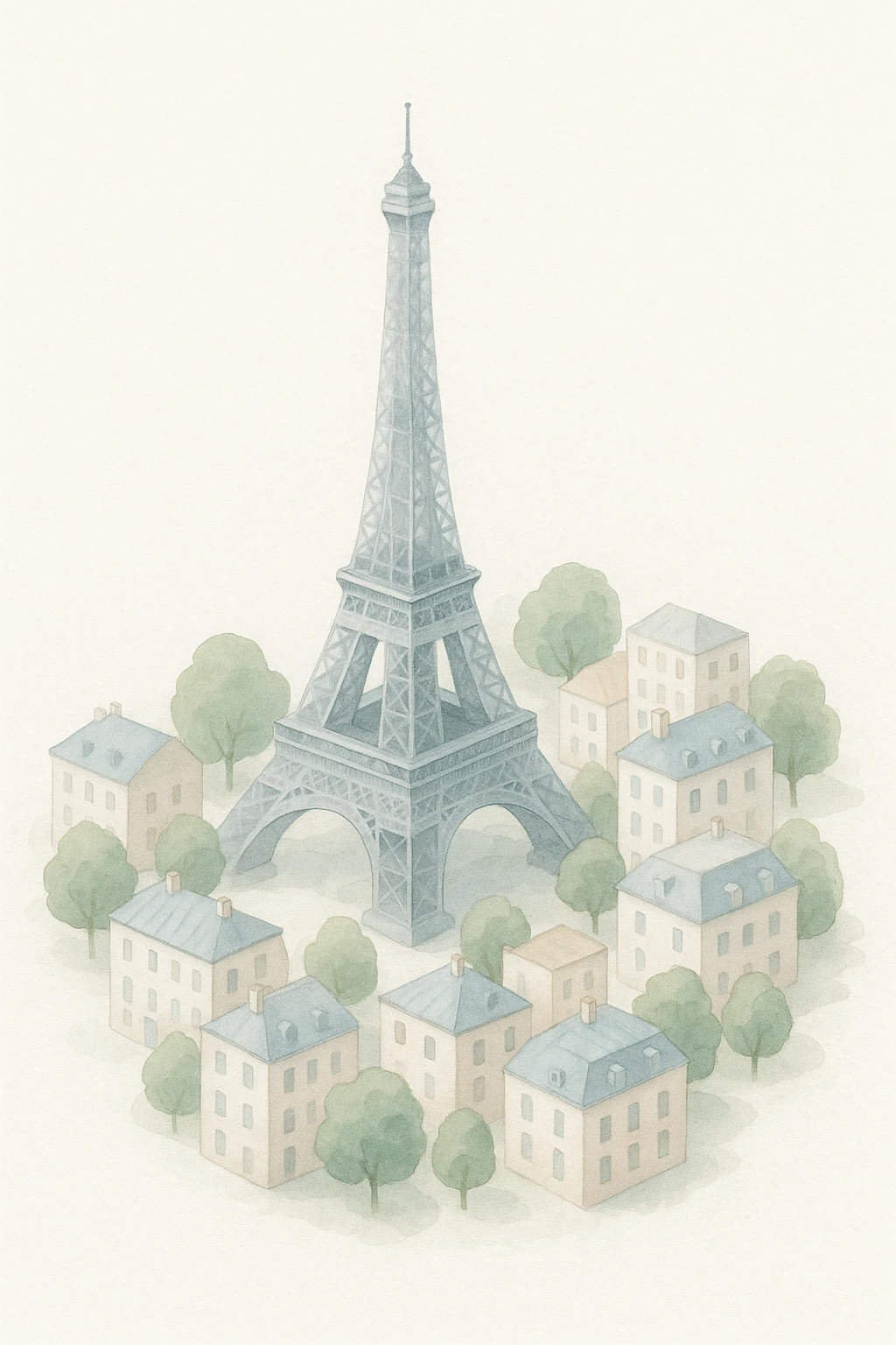 Isometric illustration of Paris, featuring the photorealistic Eiffel Tower surrounded by small Parisian buildings and trees, highly detailed in semi-realistic style emoji