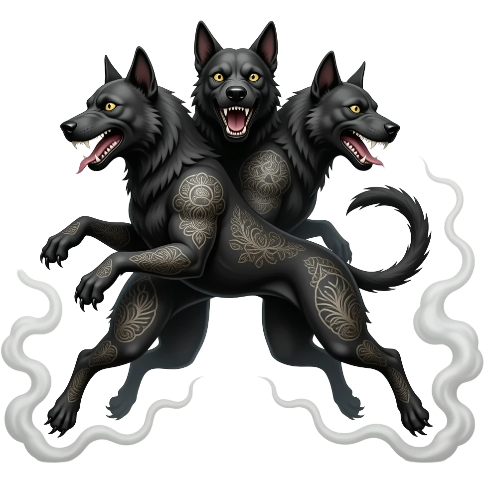 cinematic - cerberus, a three-headed creepy black hellhound in a jump, in smoke, tattooed emoji