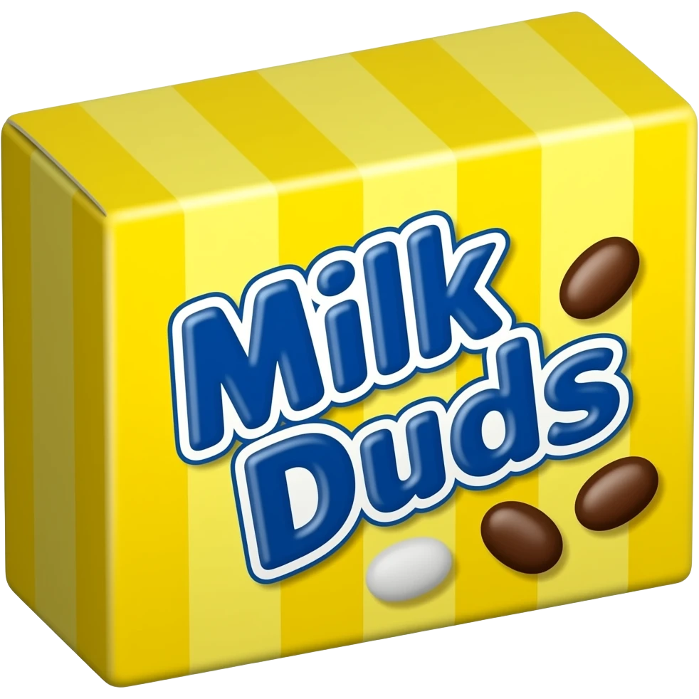 Rectangular yellow box that says Milk Duds on the front emoji