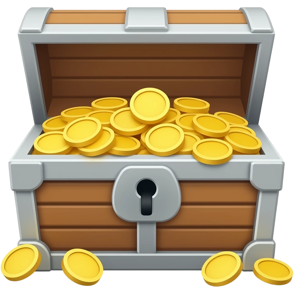 A treasure chest is open and filled with gold coins, facing an extremely simplified, flat front without any shading. emoji