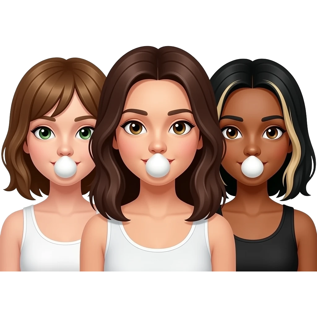 Three girls with white boogers sticking out under their nose. One brownish blonde hair and green eyes with white tank top, one brunette hair, and one with brown eyes and black hair and blonde highlights in hair and brown eyes emoji