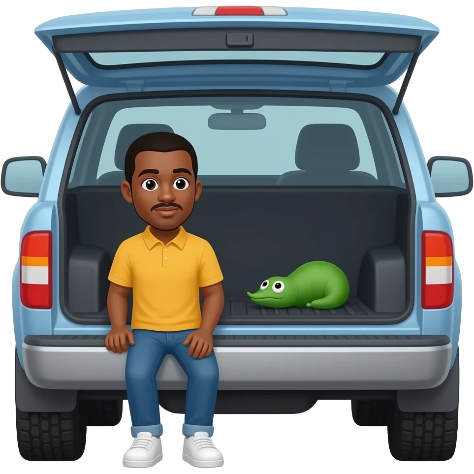 Van from behind and black man looking from truck and green stink are in trunk emoji