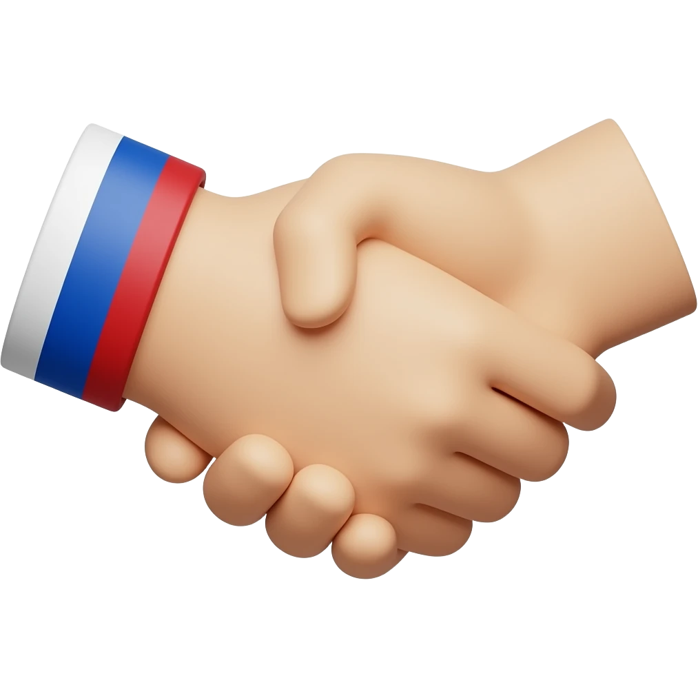 Two hands shaking. The left wrist has a sleeve with Russian flag colors: white, blue, red. The right hand is neutral beige. Simple flat vector art, round emoji format, bright clean colors, white background, no shadows, friendly gesture. emoji
