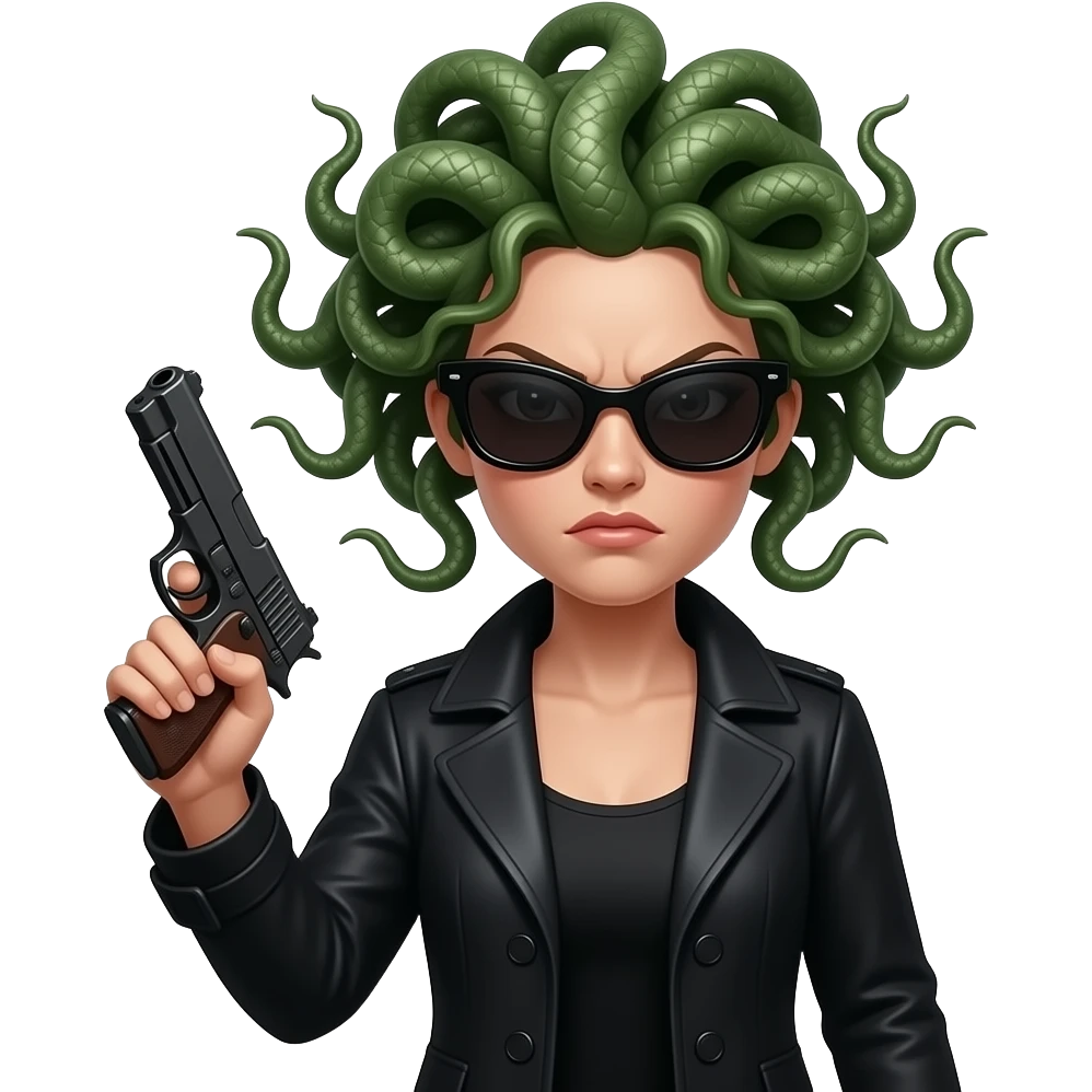 Angry beautiful female Medusa in black coat with sunglasses holding gun emoji