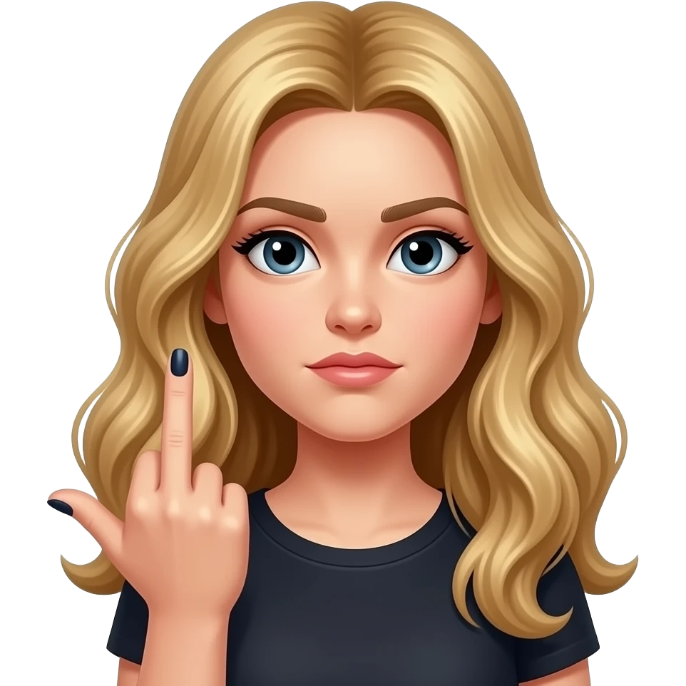 Dedo medio groseria chica con uñas negras y cabello ondulado rubio emoji