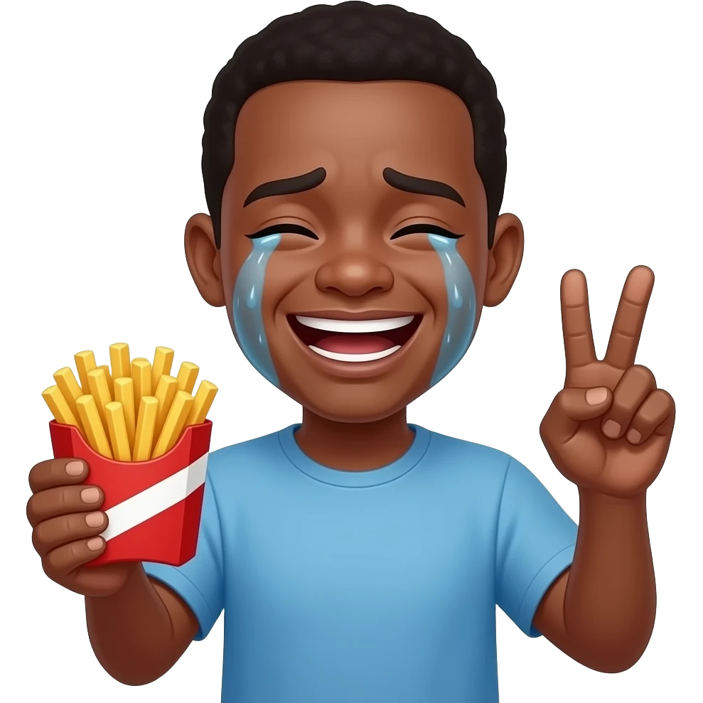 black person person holding fries while having a peace sign in the other hand while crying laughing emoji
