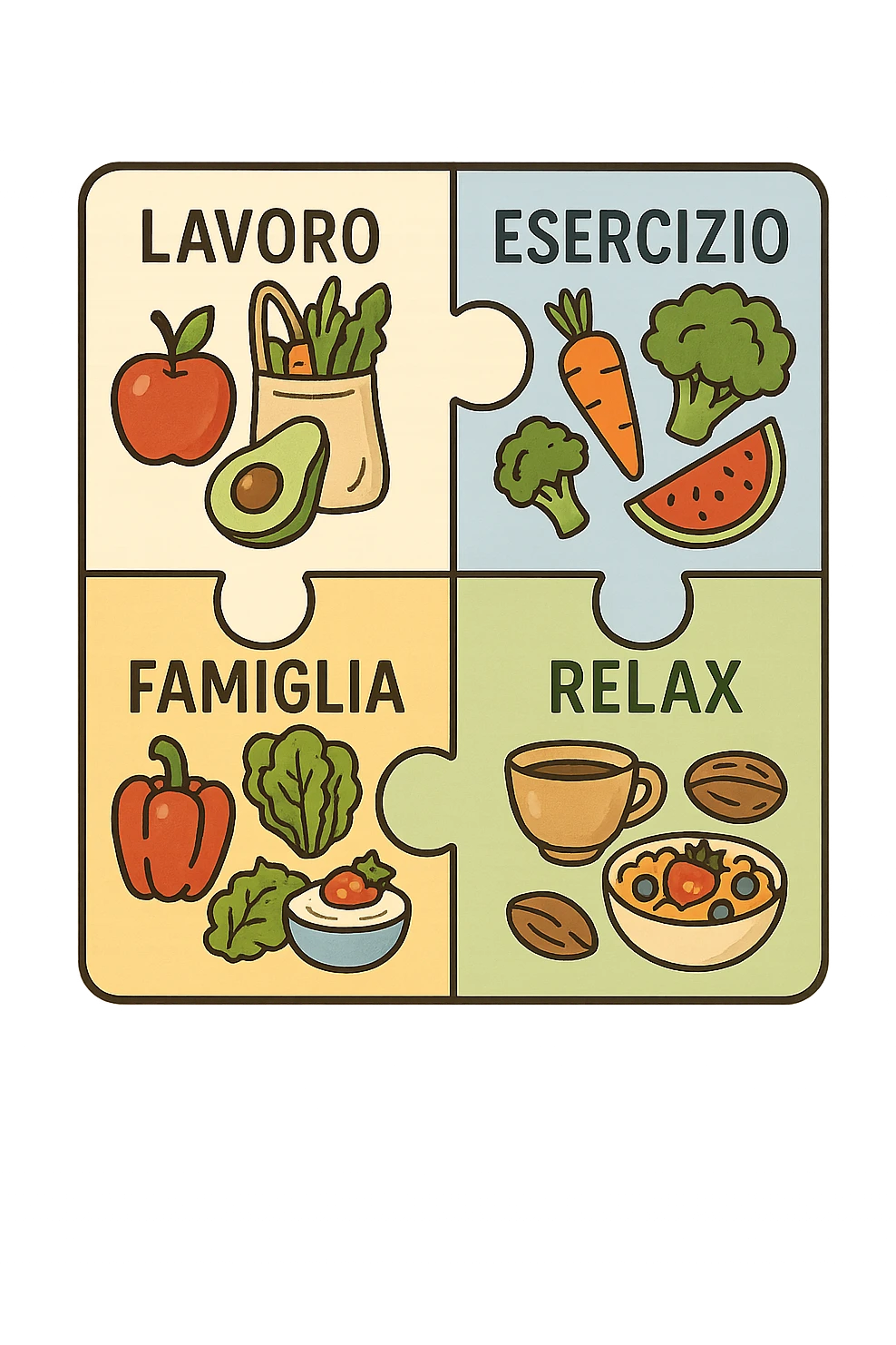 Puzzle (Lavoro, Esercizio, Famiglia, Relax), and healthy foods are integrated into each piece. in italiano emoji
