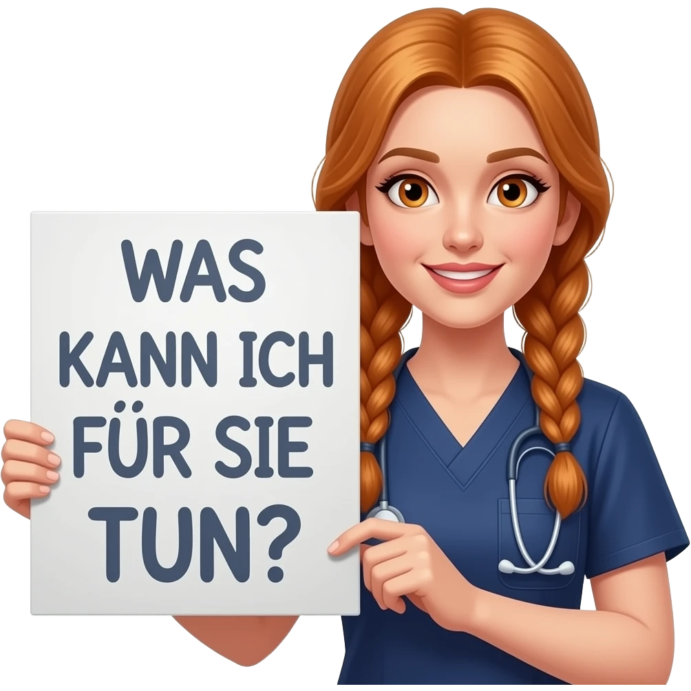 sexy girl with long ginger braids and ginger eyes wearing a dark blue scrubs is holding a sign with WAS KANN ICH FÜR SIE TUN? written on it emoji