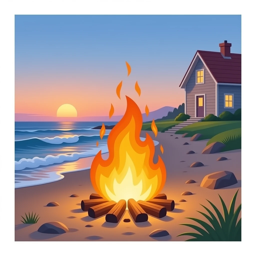 Fire on the beach near house in the evening emoji