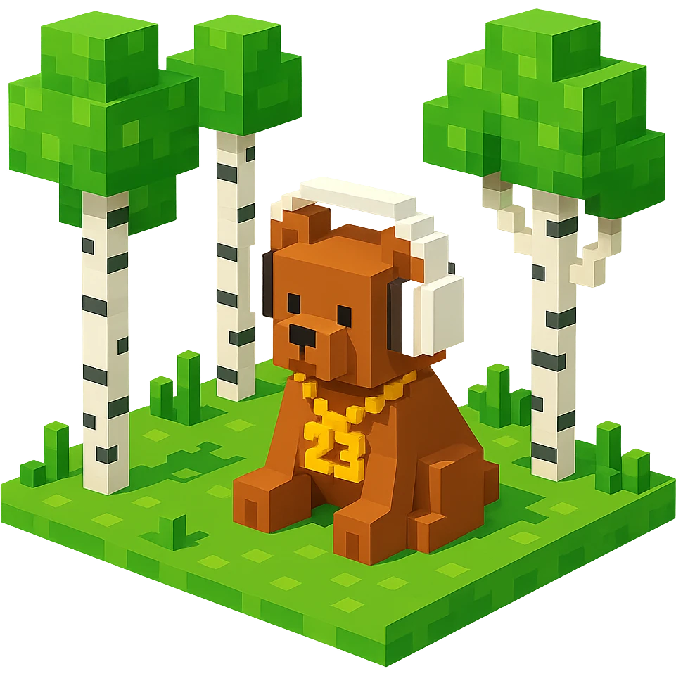 березовый лес, в котором сидит бурый медвежонок в белых наушниках (наушники должны закрывать уши медведя), на медведе цепь с подвеской "23", no background  emoji