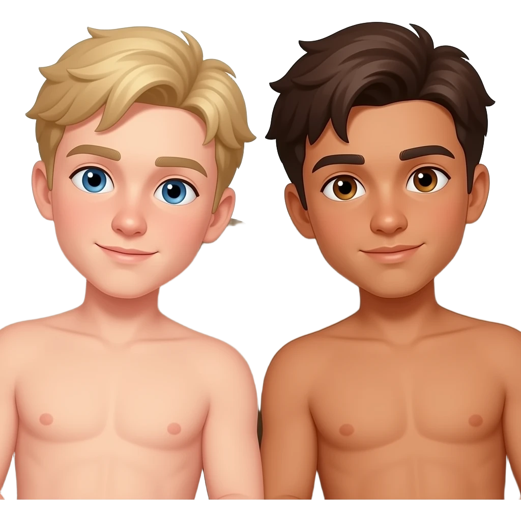 Make a young gay teen couple on a Date , one has light Skin with Blond Hair and Blue Eyes, the other one has slightly brown skin witz dark Brown Hair and Brown Eyes. They are laying shirtless on a couch. emoji