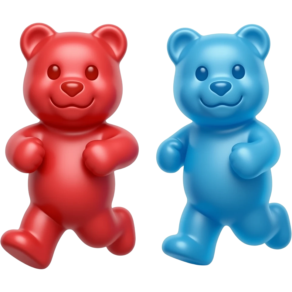 A red and blue gummy bear chasing someone emoji