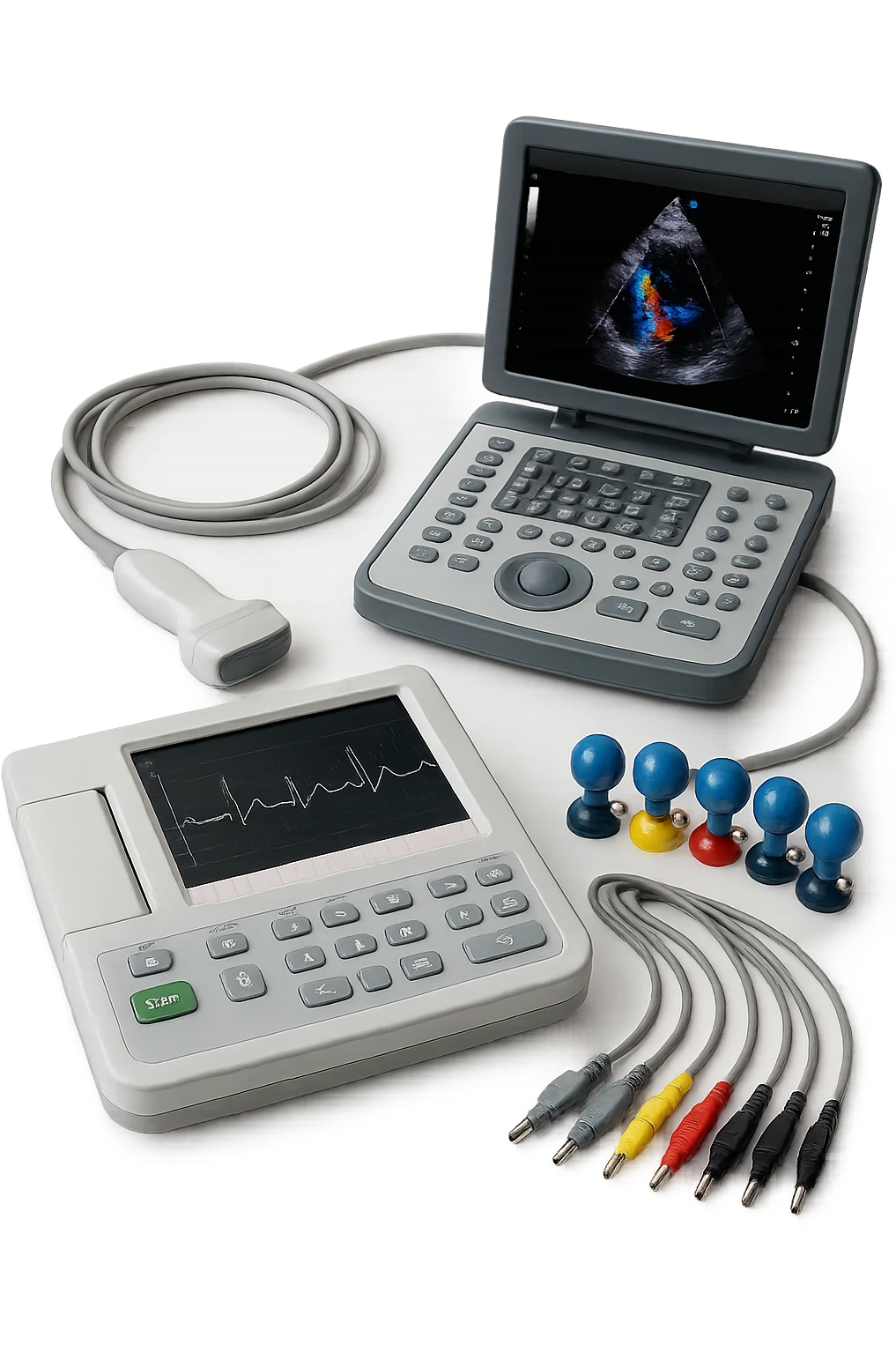 STRUMENTI MEDICI PER FARE ECG e ecocardio, iperrealistico 4k, isolato su sfondo bianco emoji