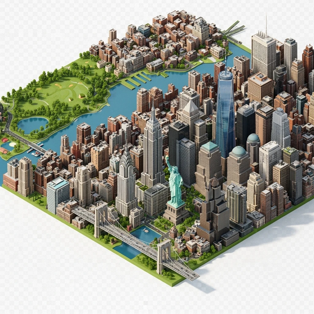 Isometric miniature of New York Сity Empire State Building, Chrysler Building, One World Trade Center, Statue of Liberty, Brooklyn Bridge, and Central Park chaotic low-rise blocks in outer boroughs 3D miniature effect and Tilt Shift effect, no cartoonish look, transparent background. emoji