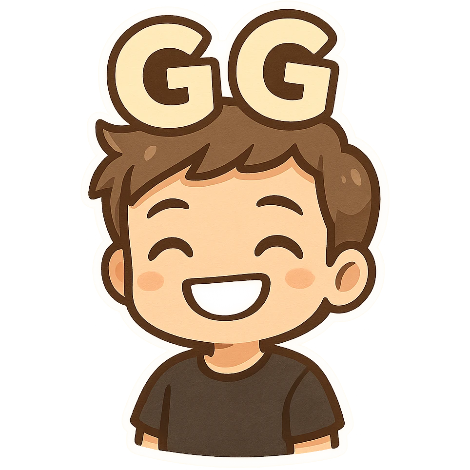 A cartoon man matching the reference image, smiling with 'GG' written above him. He wears a plain black t-shirt with no spots. Style: chibi stickers. emoji