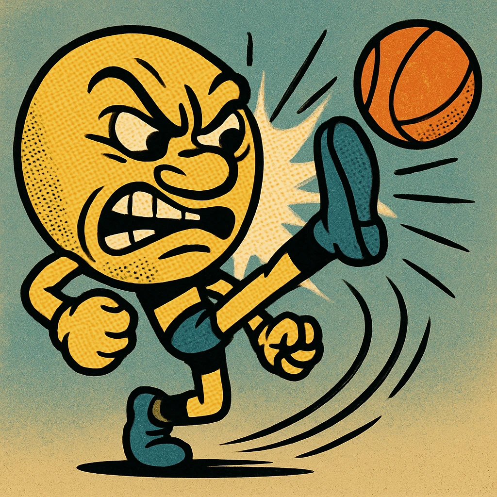 cartoonish mean face doing a dramatic high kick to a ball, exaggerated features, action lines, comic book style emoji