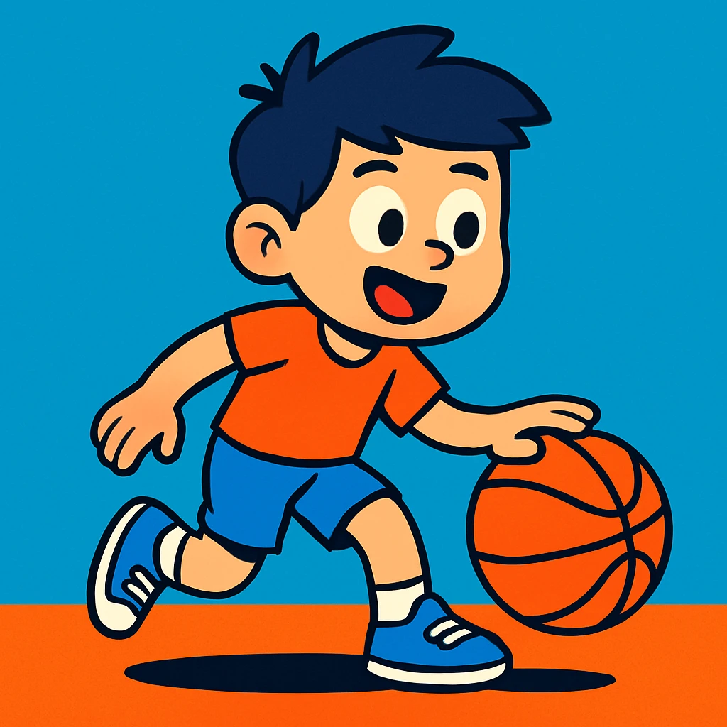 boy dribbling a basketball, vibrant cartoon style emoji