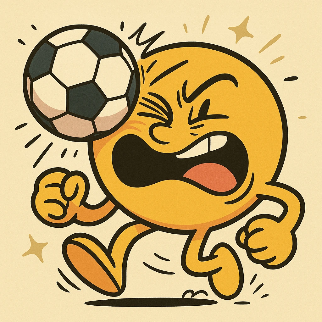 a smiley face being hit by a soccer ball, comic effect, bold outlines, energetic, playful, vibrant colors, fun, animated, lively expression emoji