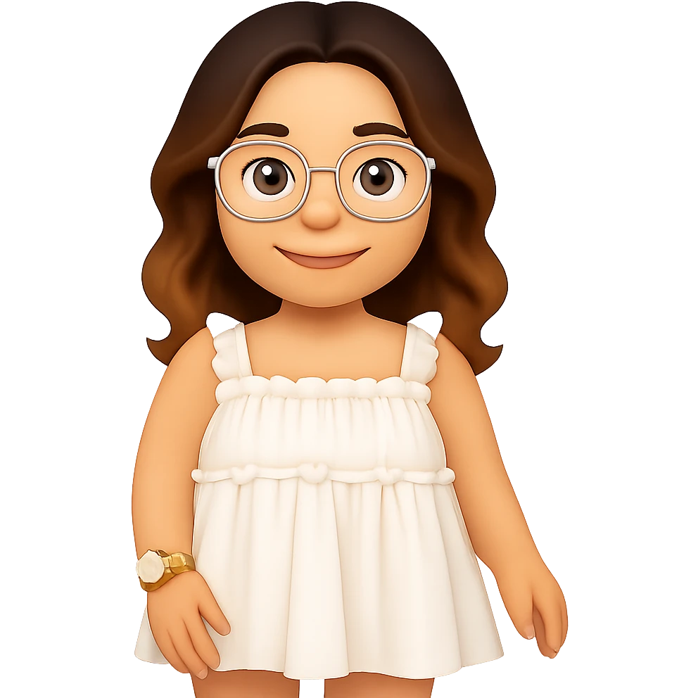 Transform this image into an iOS-style emoji with simplified features, soft gradients, rounded shapes, and a friendly expression. Keep the white ruffled dress, clear eyeglasses, gold wristwatch, and white nail polish. Remove the background for a clean emoji look. emoji