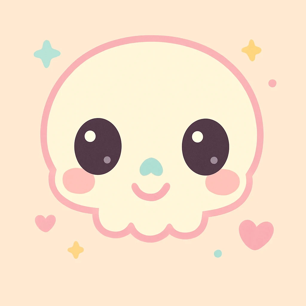 kawaii style skeleton head, facing forward, soft features, cheerful look emoji