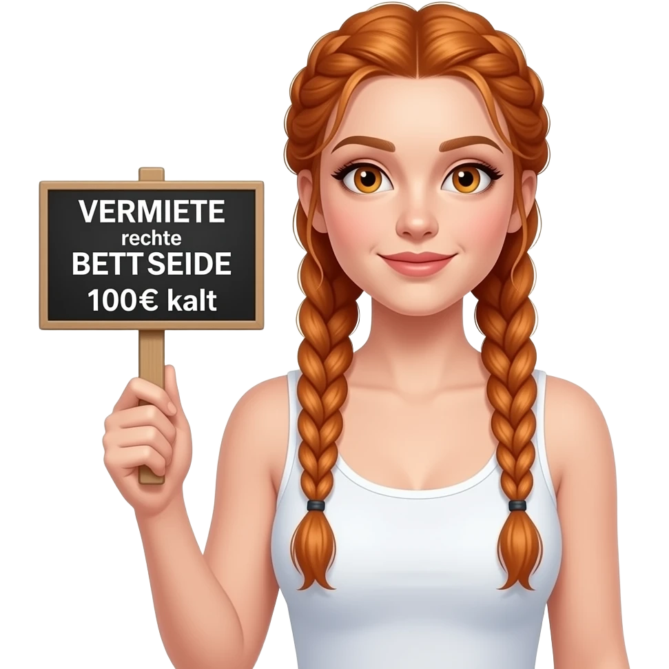 sexy girl with long ginger braids and ginger eyes wearing a white tanktop is holding a black sign with VERMIETE rechte BETTSEITE 100€ kalt written on it emoji