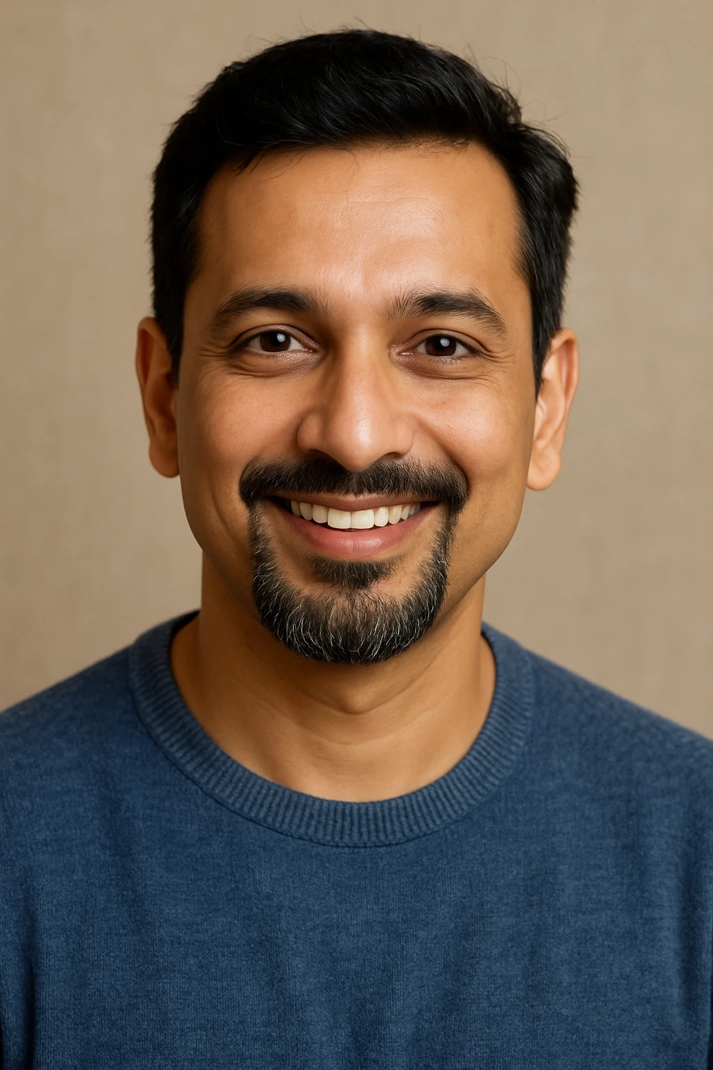 A 40-year-old Indian man with a stylish French goatee, fair skin, and a friendly, trustworthy smile. His expression is welcoming and positive. emoji