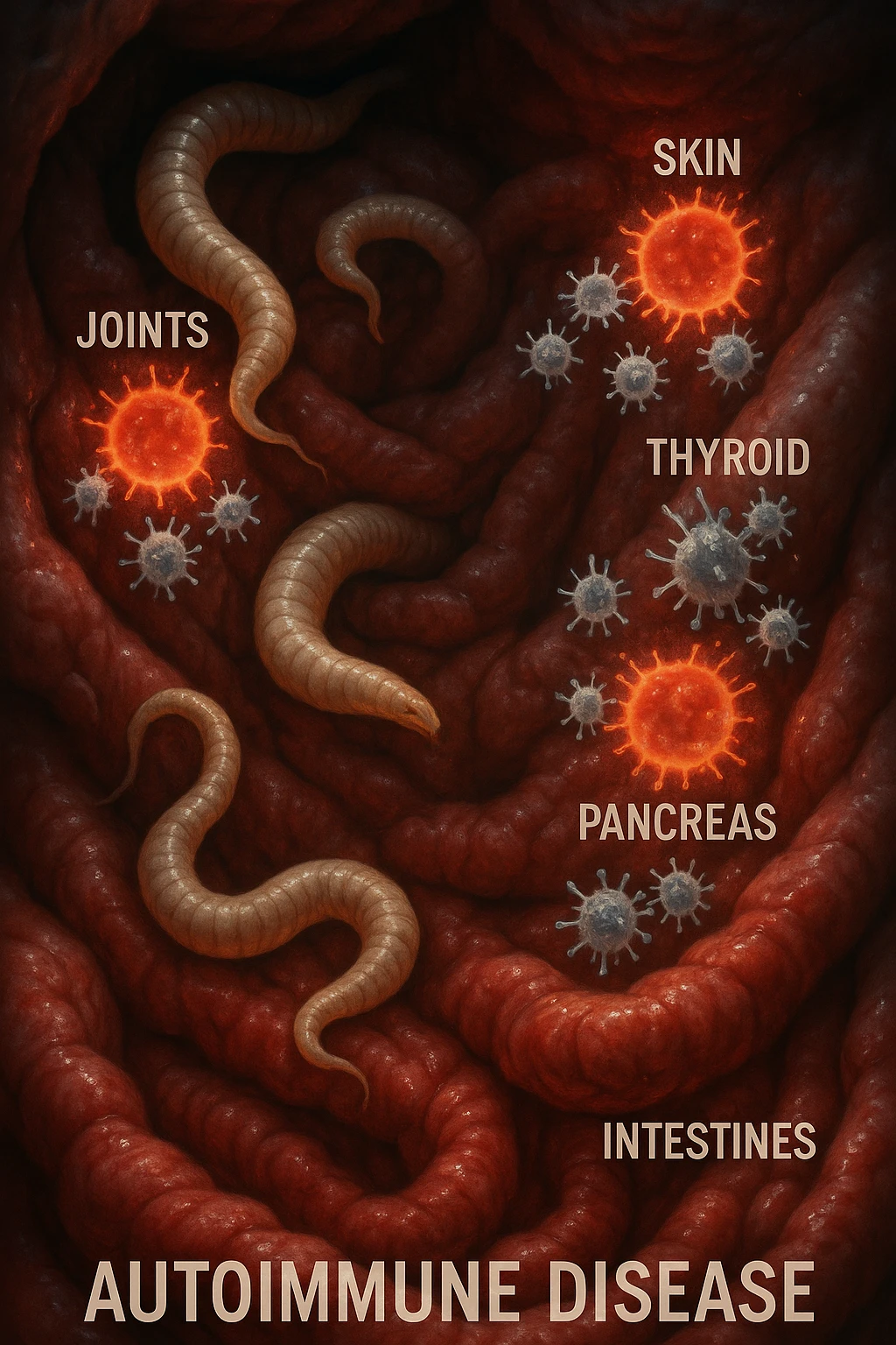 Create a vertical, cinematic, realistic image showing intestinal parasites in the gut and the immune system attacking specific healthy tissues and organs including joints, skin, thyroid, pancreas, and intestines, illustrating the link to autoimmune diseases. Use dramatic clinical lighting and maintain a 2:3 aspect ratio. emoji