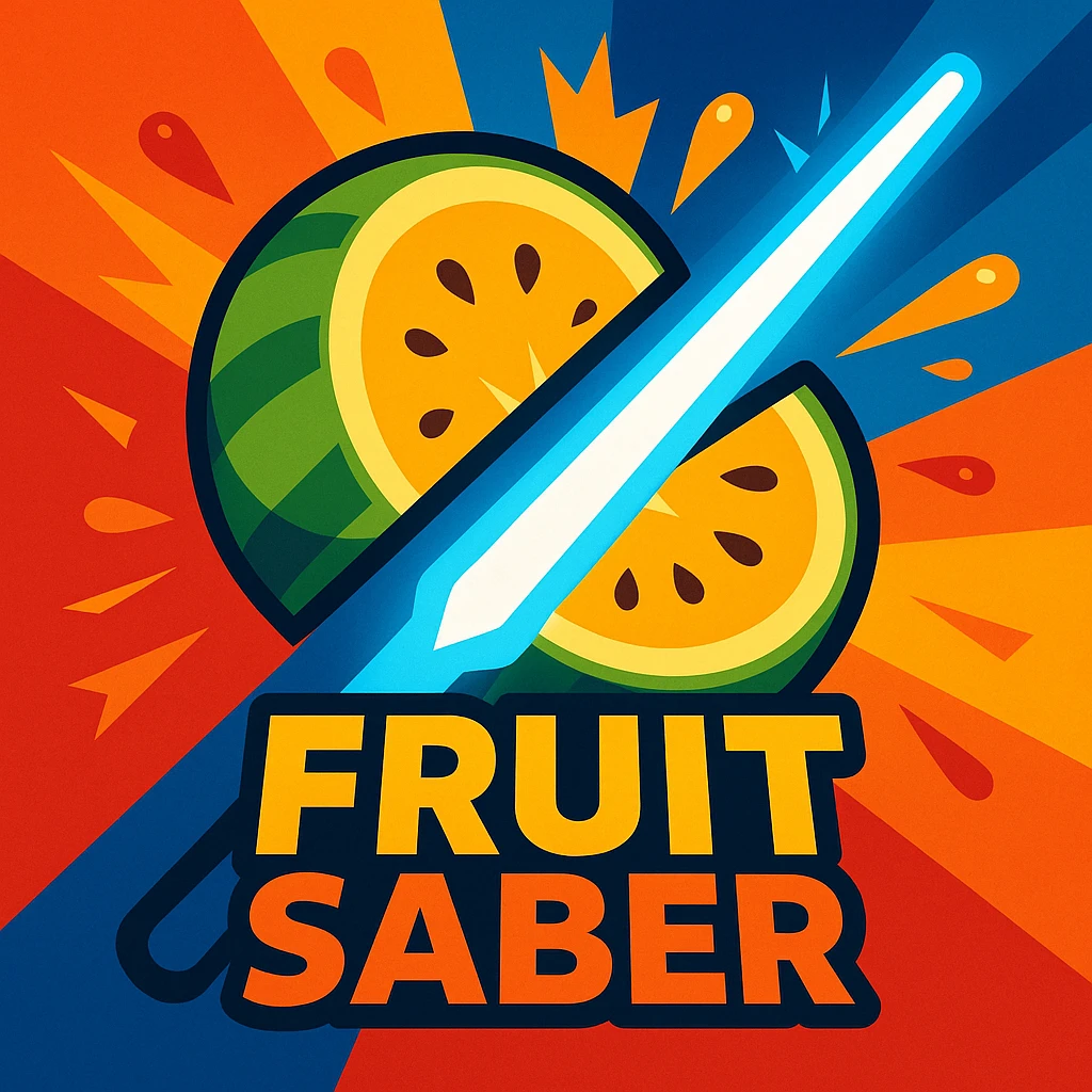 logo for the popular VR game Fruit Saber, vibrant, energetic, features a stylized fruit being sliced by a glowing saber, dynamic composition, modern gaming aesthetic emoji