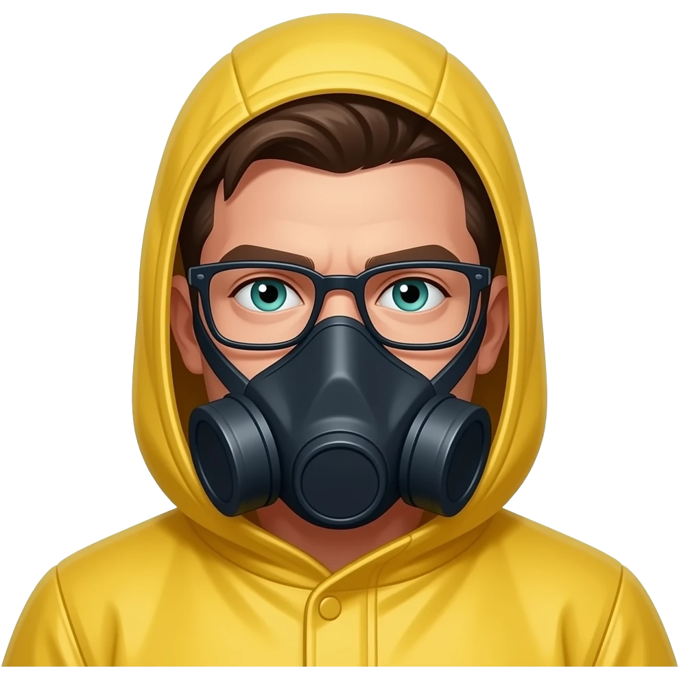 white man dark brown hair blue green eyes and rectangle glasses yellow hazmat suit with hood on and mask emoji