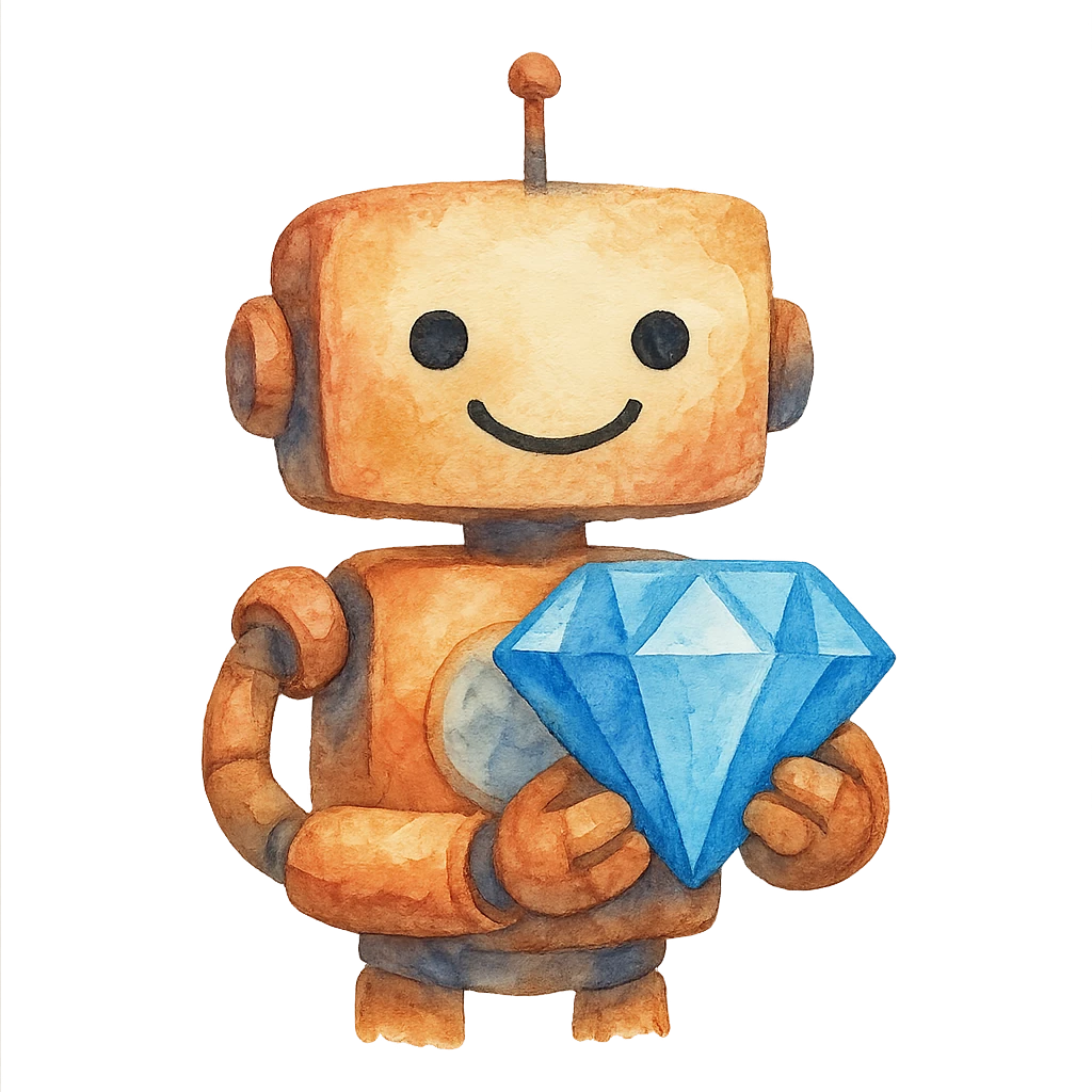 watercolor style smiling robot holding a blue diamond emoji