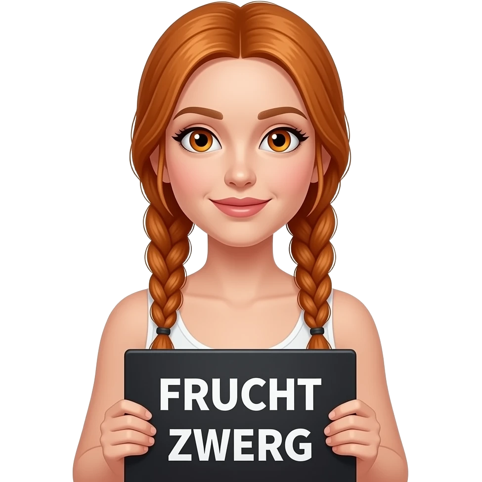 sexy girl with long ginger braids and ginger eyes wearing a white tanktop is holding a black sign with FRUCHT ZWERG written on it emoji