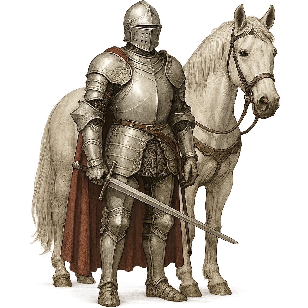 a white knight standing beside a white horse, detailed armor, noble, clean background emoji