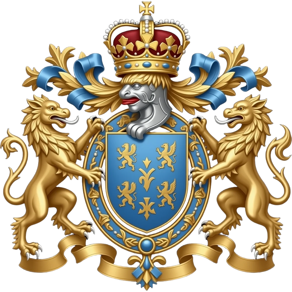 decorated bronze coat of arms with a blue shield and bronze tendrils and ornaments, symmetrical with a royal ornate crown on top and two griffins hovering and supporting the shield, on a black background emoji