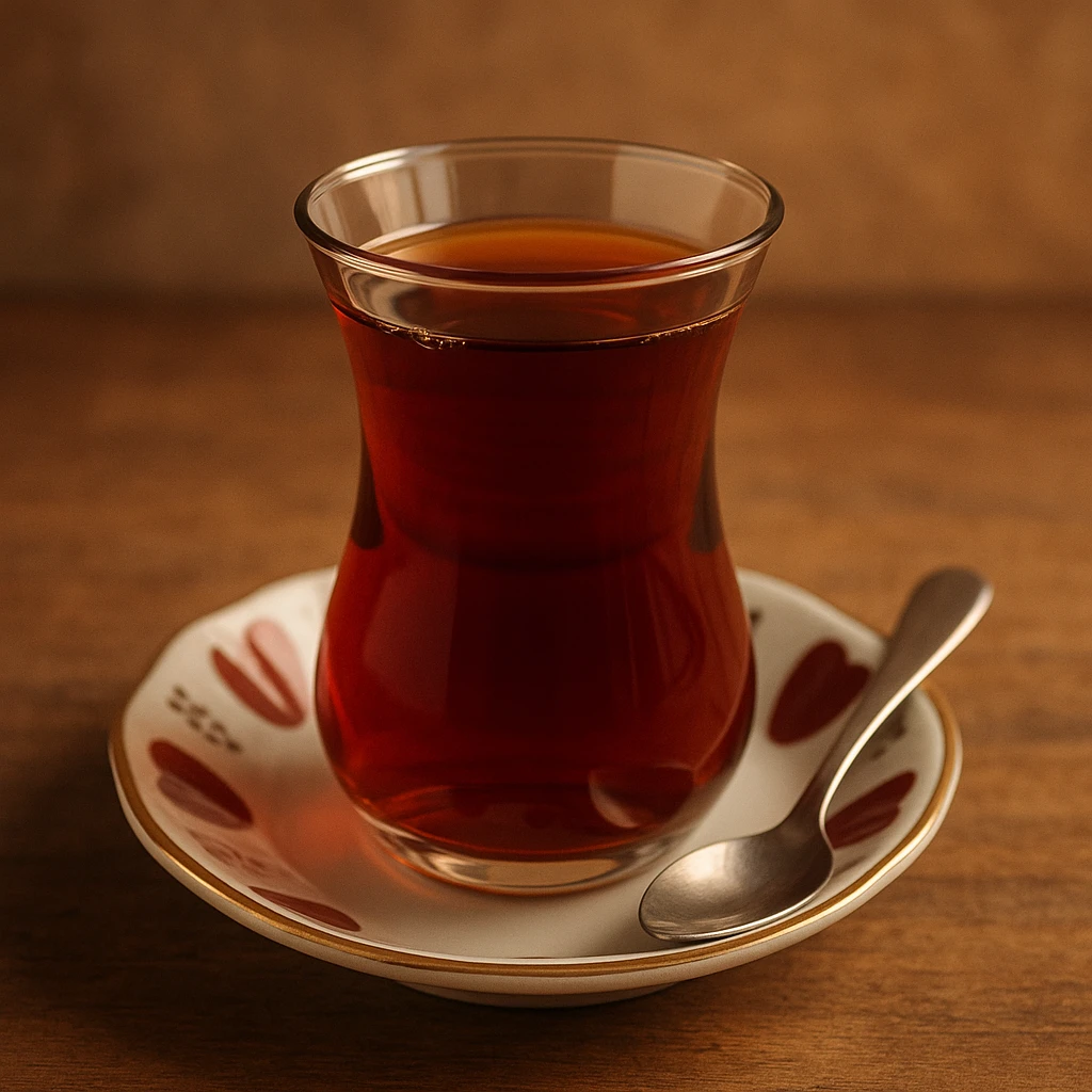 a traditional Turkish tea glass filled with tea, on a small saucer, with a spoon emoji