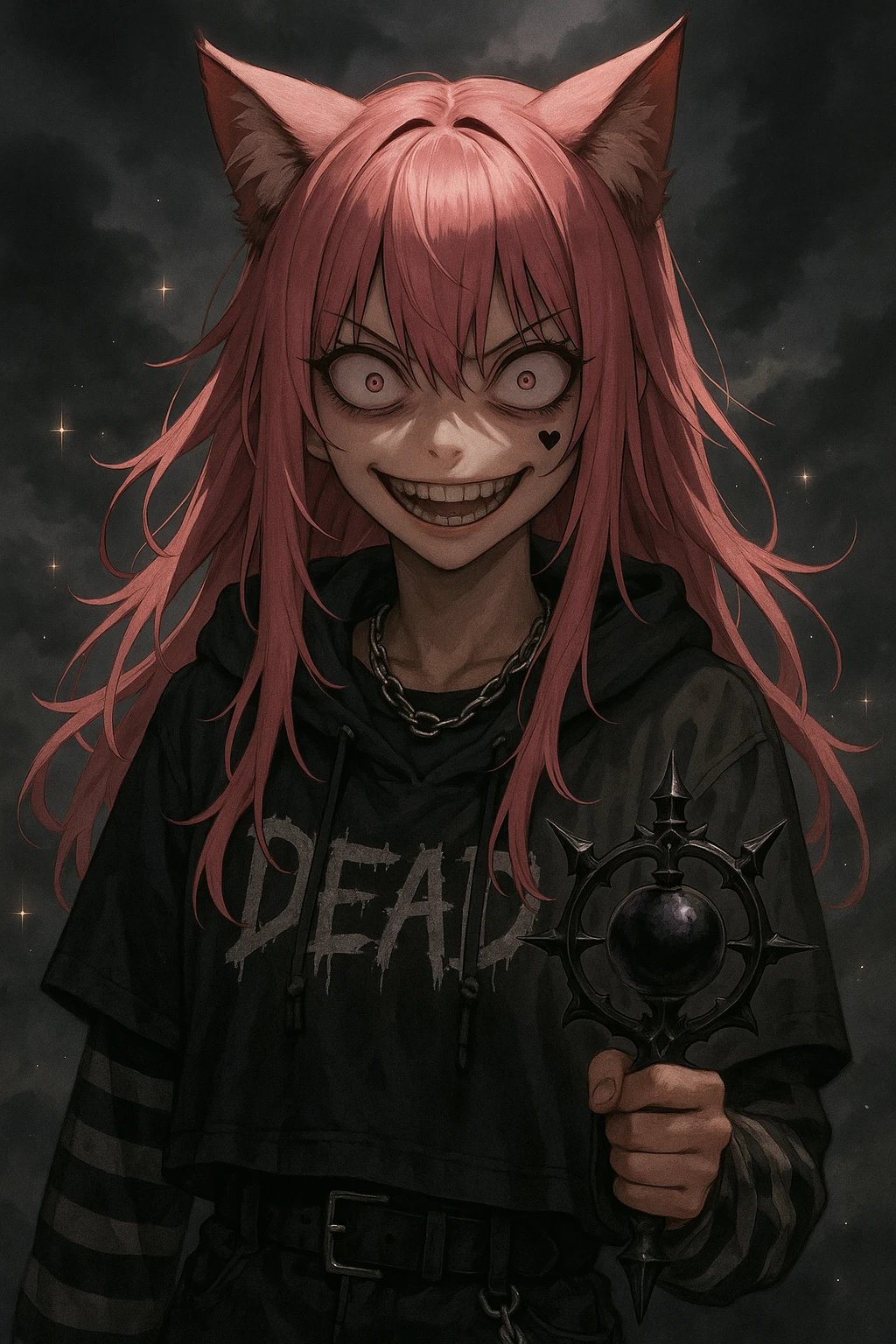 realistic anime catgirl with pink hair, emo streetwear, heart tattoo under left eye, dark magical accessory, sparkles, stormy background, classic yandere scary face with crazy eyes and unsettling grin emoji