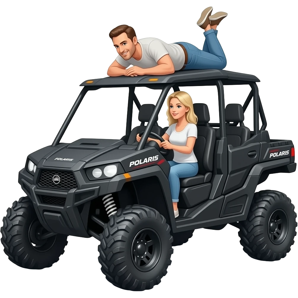 Black Utv 4 door Polaris ranger sxs  lifted super high with mom (blonde) and driving  and dad laying on top of roof  on his belly playing emoji