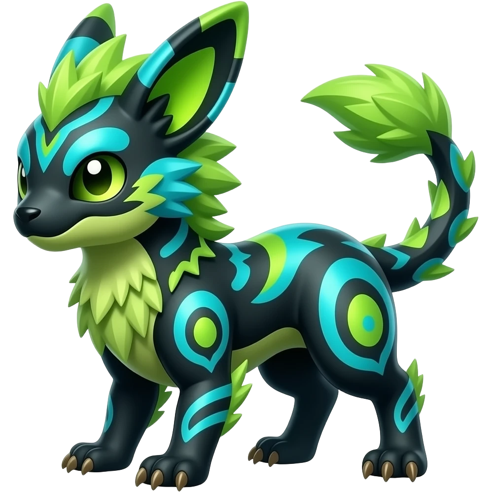 Rare realistic iridescent neon lime-green & cyan white black lush tropical exotic edgy epic pretty beautiful handsome gorgeous aesthetic colorful vibrant Vernid-Protogen-Fionbri-Genet-Trico-species-Fakemon-hybrid-creature by LiLaiRa, beautiful intricate markings, full body emoji
