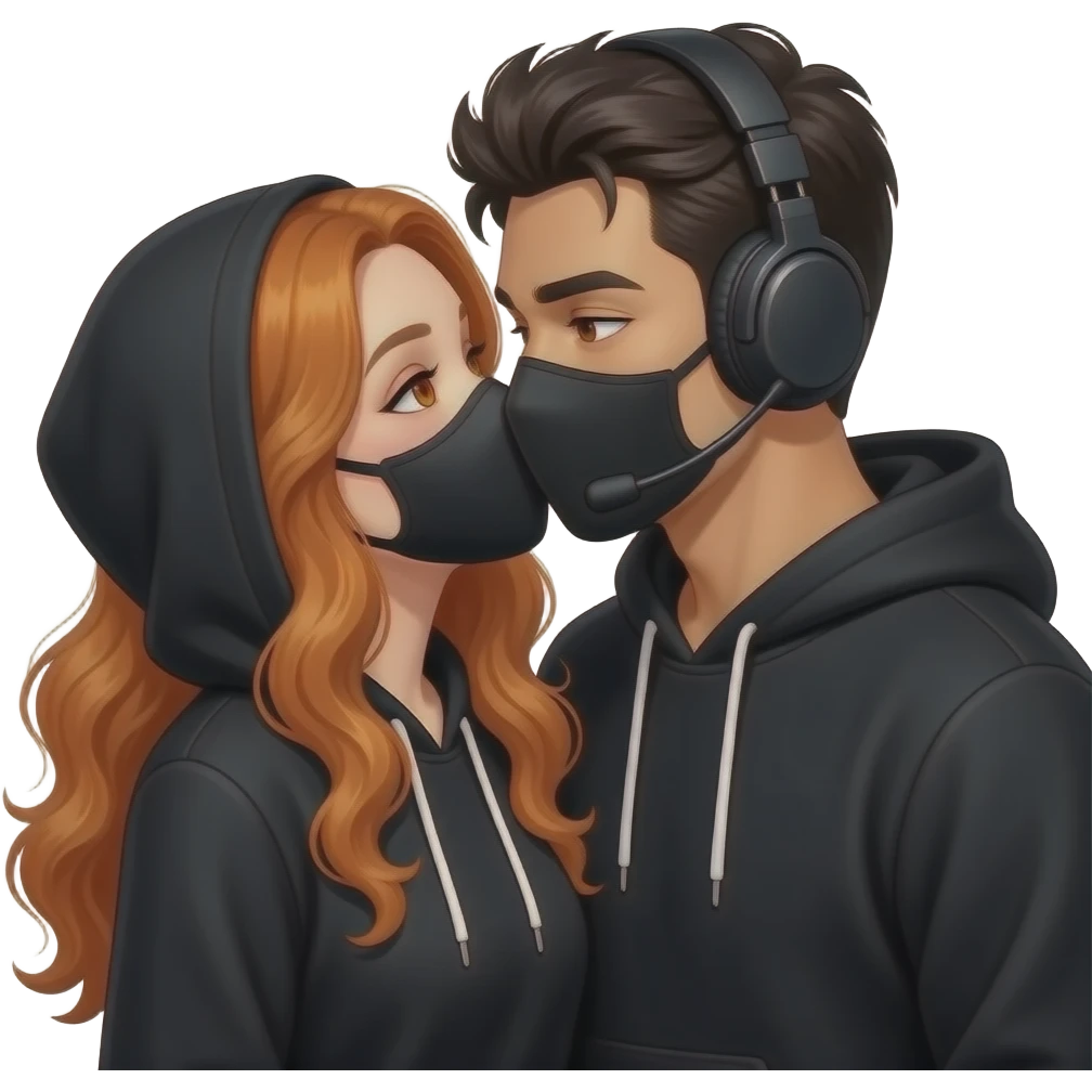sexy girl with long curly ginger hair and ginger eyes with a black hoodie and mask gets kissed by a attractive blackhaired man with a black hoodie, a headset and a black mask emoji