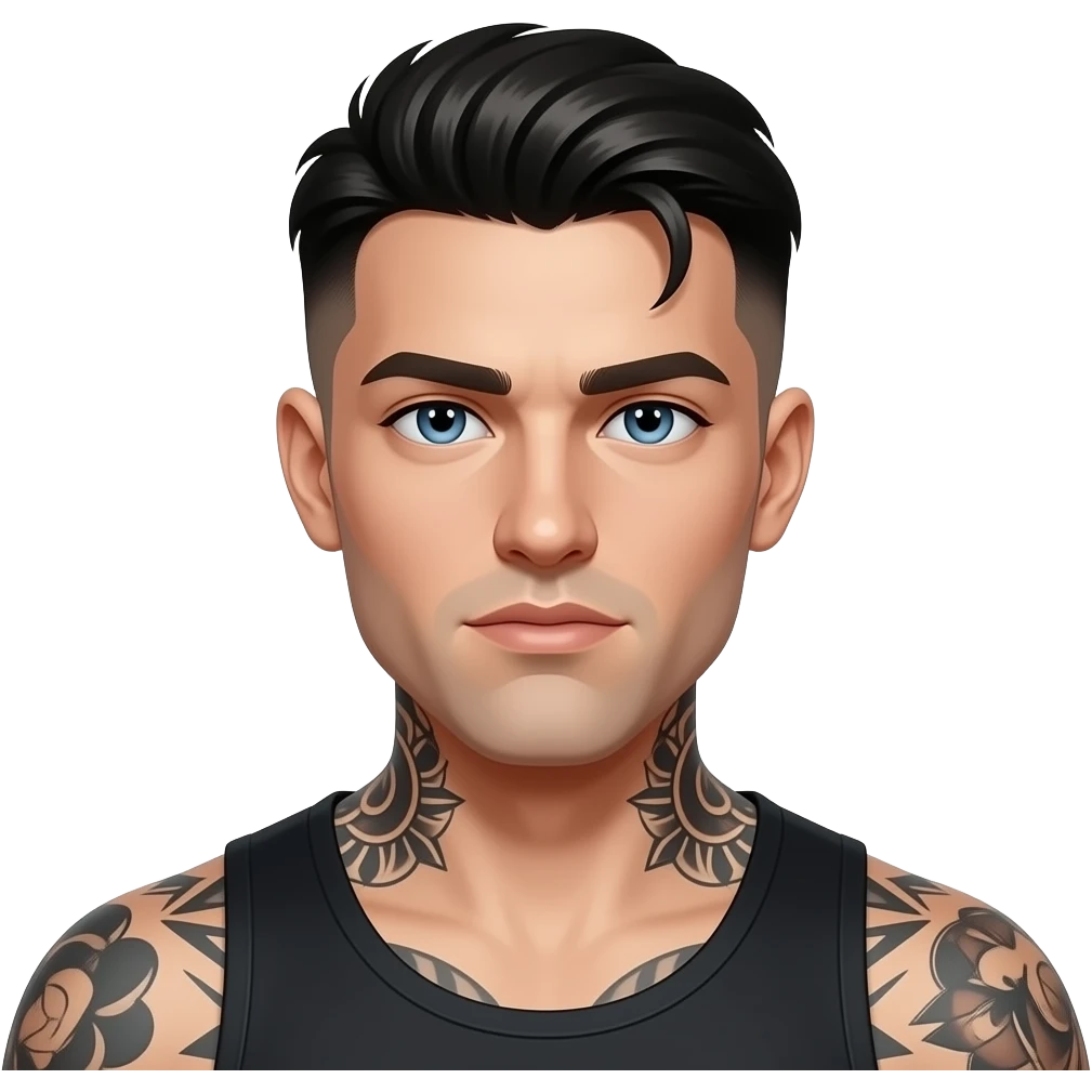regard noir gars cheveux noirs low taper fade look dark beau et yeux bleus peau laiteuse pâle et tatoué musclé 25 ans emoji