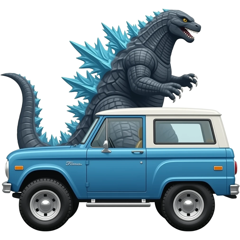 Godzilla behind 1967 convertible ford bronco in blue emoji