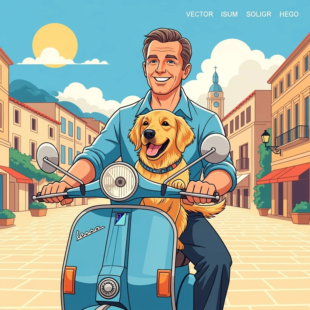gvector art of a man and his pet dog riding a vespa, for website design emoji