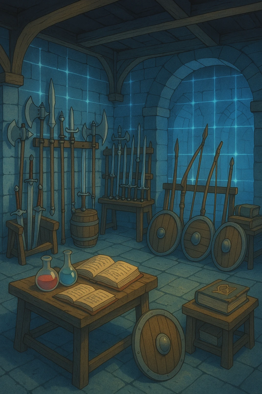 A virtual simulated training environment for combat drills, configured with swords, daggers, axes, maces, halberds, bow and arrows, and shields, as well as spell books and potions  emoji