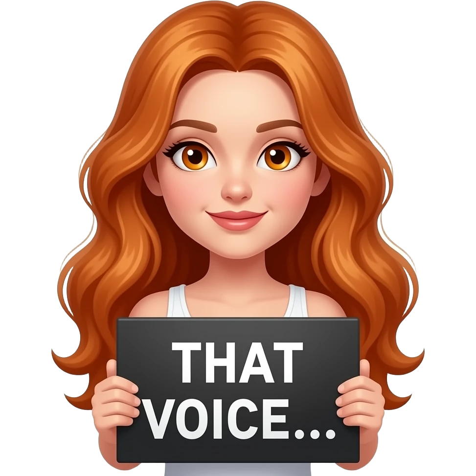 sexy girl with long wavy ginger hair and ginger eyes wearing a white tanktop is holding a black colored sign with THAT VOICE... written on it emoji