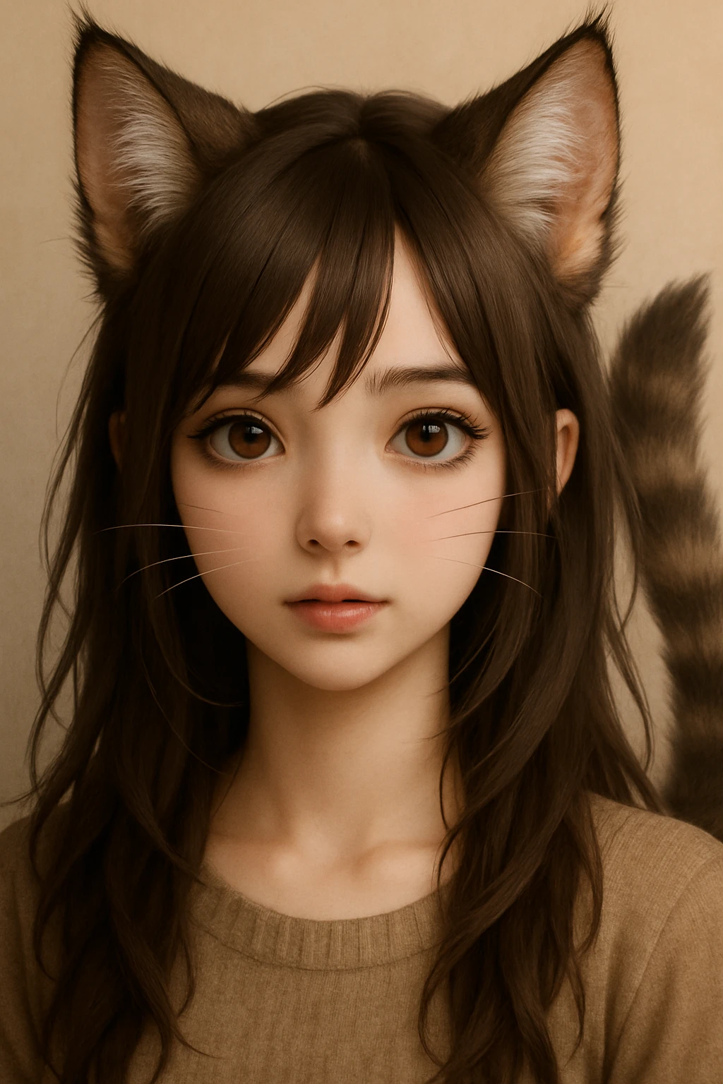 Enhance cat-like features with larger cat ears, more pronounced whiskers, subtle feline nose, and a fluffy tail, maintaining a realistic anime style. emoji