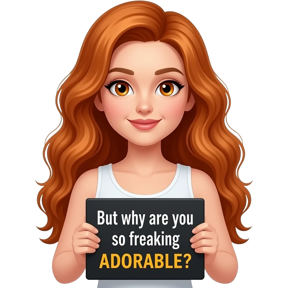 sexy girl with long wavy ginger hair and ginger eyes wearing a white tanktop is holding a black colored sign with But why are ou so freaking ADORABALE? written on it emoji