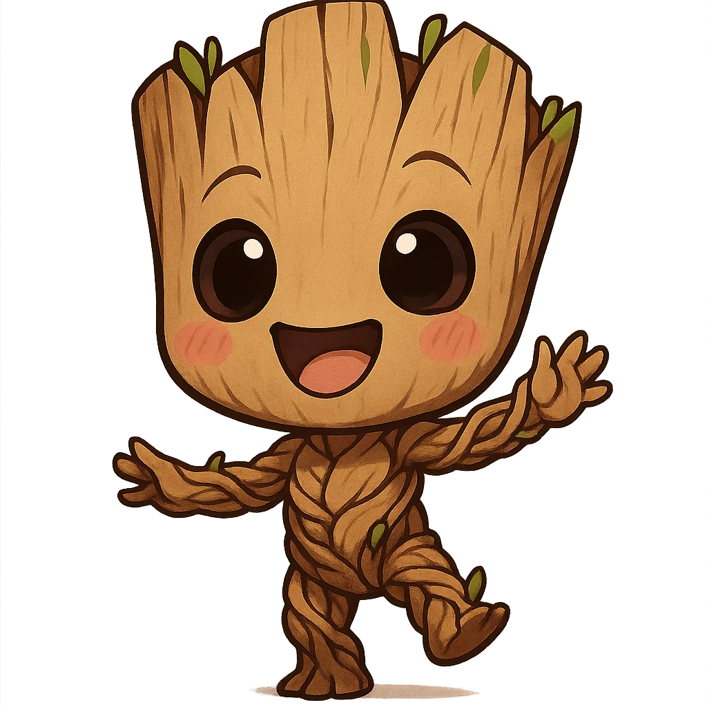 chibi anime style Groot dancing with oversized head joyful and cute emoji